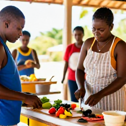 Caribbean Holidays, Trinidad Cooking Holidays, Friendly cookery class in Trinidad with visitors preparing Caribbean dishes, chopping fresh vegetables and mixing spices in a bright open kitchen