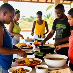 Caribbean Holidays, Trinidad Cooking Holidays, Friendly cooking class in a Trinidad kitchen with guests preparing roti, curry, herbs and fresh vegetables