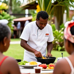 Caribbean Holidays, Trinidad Cooking Holidays, Friendly local chef leading a small outdoor cooking class beside a tropical garden in Trinidad