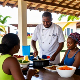 Caribbean Holidays, Trinidad Cooking Holidays, Friendly local chef teaching visitors to prepare Caribbean dishes in a relaxed open-air kitchen in Trinidad