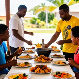 Caribbean Holidays, Trinidad Cooking Holidays, Friendly local cook serving a colourful Trinidadian meal to visitors at a long outdoor table