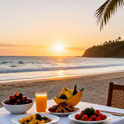 Caribbean Holidays, Trinidad Cooking Holidays, Golden Trinidad beach at sunset with a relaxed outdoor meal featuring local dishes and tropical fruit
