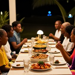 Caribbean Holidays, Trinidad Cooking Holidays, Outdoor Trinidad Christmas food gathering with family-style Caribbean dishes, warm evening light and relaxed island atmosphere