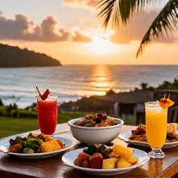Caribbean Holidays, Trinidad Cooking Holidays, Outdoor Trinidad table set with freshly cooked Caribbean food, tropical drinks and a sunset island view