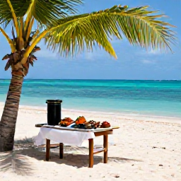 Caribbean Holidays, Trinidad Cooking Holidays, Relaxed Caribbean beach in Tobago with turquoise water, palm trees and a small table displaying fresh grilled seafood