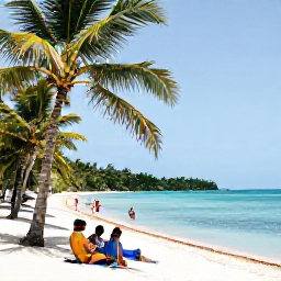 Caribbean Holidays, Trinidad Cooking Holidays, Relaxed Caribbean beach near Trinidad and Tobago with palm trees, calm turquoise water and visitors enjoying the warm May weather
