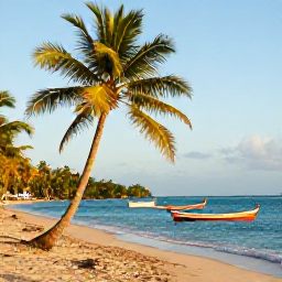 Caribbean Holidays, Trinidad Cooking Holidays, Relaxed February beach scene in Trinidad with palm trees, turquoise sea, colourful fishing boats and warm sunshine