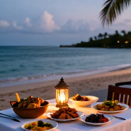 Caribbean Holidays, Trinidad Cooking Holidays, Relaxed January evening in Tobago with a beachside table serving Caribbean dishes, warm lantern light and a calm sea in the background