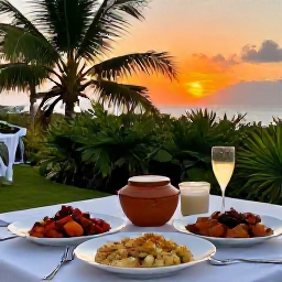 Caribbean Holidays, Trinidad Cooking Holidays, Relaxed Trinidad dining scene at sunset, with local dishes on a table and tropical greenery in the background