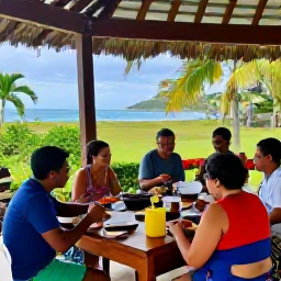 Caribbean Holidays, Trinidad Cooking Holidays, Relaxed Trinidad holiday scene with a cooking school terrace, tropical greenery, sea views and visitors enjoying a meal