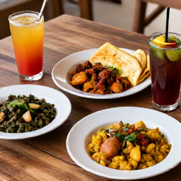 Caribbean Holidays, Trinidad Cooking Holidays, Traditional Trinidadian dishes served on a rustic table, including doubles, roti, pelau, callaloo and tropical drinks