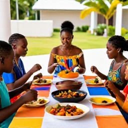 Caribbean Holidays, Trinidad Cooking Holidays, Traveller sharing a colourful Trinidadian home-cooked meal with local hosts at a welcoming outdoor table
