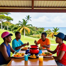Caribbean Holidays, Trinidad Cooking Holidays, Travellers enjoying a colourful cooking and dining experience on a shaded veranda overlooking tropical Trinidad scenery
