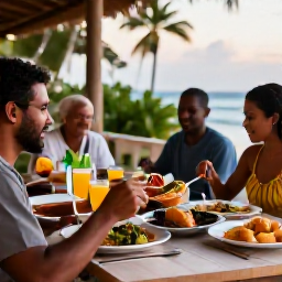 Caribbean Holidays, Trinidad Cooking Holidays, Travellers enjoying a freshly prepared Trinidadian meal at a relaxed outdoor table in warm Caribbean evening light