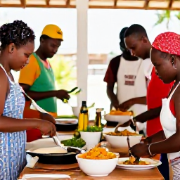 Caribbean Holidays, Trinidad Cooking Holidays, Travellers preparing traditional Trinidadian dishes together in a bright, relaxed cooking school kitchen