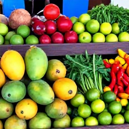 Caribbean Holidays, Trinidad Cooking Holidays, Trinidad market stall in August displaying mangoes, limes, peppers, herbs, coconut and other colourful Caribbean produce