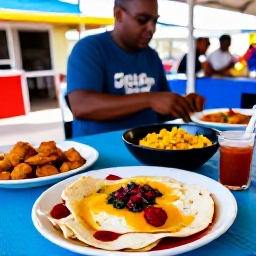 Caribbean Holidays, Trinidad Cooking Holidays, Trinidad street food stall serving doubles, roti, pepper sauce and colourful Caribbean dishes at lunchtime