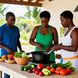 Caribbean Holidays, Trinidad Cooking Holidays, Visitors learning to prepare Trinidadian food in a welcoming open-air kitchen, with fresh vegetables, spices and traditional cooking utensils