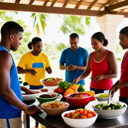 Caribbean Holidays, Trinidad Cooking Holidays, Visitors preparing Trinidadian dishes together in a bright open-air kitchen with bowls of vegetables and spices