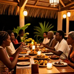 Caribbean Holidays, Trinidad Cooking Holidays, Warm evening dining scene at a Caribbean cooking retreat in Tobago, with local food, lanterns and tropical plants