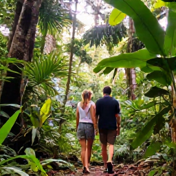 Caribbean Holidays, Trinidad Couples Holidays, A couple exploring the lush rainforest of Tobago, with a guide, tropical plants and sunlight filtering through the canopy