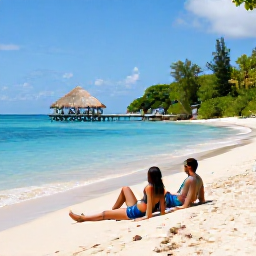 Caribbean Holidays, Trinidad Couples Holidays, A couple relaxing on the soft sand at Pigeon Point in Tobago, with clear blue water, a thatched jetty and tropical greenery