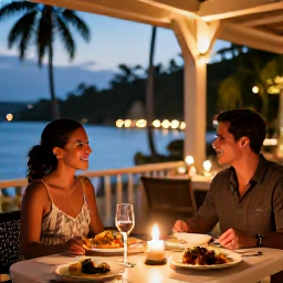 Caribbean Holidays, Trinidad Couples Holidays, A couple sharing a candlelit dinner at a stylish open-air restaurant in Trinidad, with local dishes and warm evening lighting