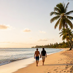 Caribbean Holidays, Trinidad Couples Holidays, A couple walking hand in hand along a quiet golden beach in Tobago at sunset, with calm turquoise water and palm trees