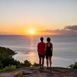 Caribbean Holidays, Trinidad Couples Holidays, A couple watching the sunset from a scenic coastal viewpoint in Trinidad and Tobago, with the sea stretching towards the horizon