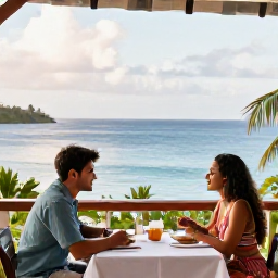 Caribbean Holidays, Trinidad Couples Holidays, Couple dining outdoors at a relaxed Caribbean restaurant with ocean views in Tobago