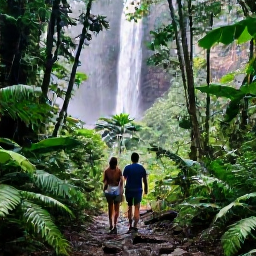 Caribbean Holidays, Trinidad Couples Holidays, Couple exploring a lush rainforest trail near a waterfall in Tobago, tropical foliage and soft morning light