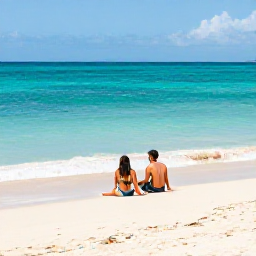 Caribbean Holidays, Trinidad Couples Holidays, Couple relaxing together on a quiet Caribbean beach in Trinidad and Tobago during July, turquoise water and soft golden sand