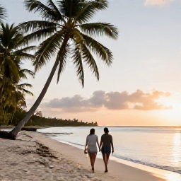 Caribbean Holidays, Trinidad Couples Holidays, Couple walking hand in hand along a quiet palm-fringed beach in Tobago at sunset