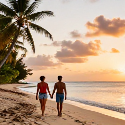 Caribbean Holidays, Trinidad Couples Holidays, Couple walking hand in hand along a quiet tropical beach in Tobago at sunset