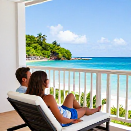 Caribbean Holidays, Trinidad Couples Holidays, Elegant couple relaxing on a private balcony overlooking the Caribbean Sea in Tobago