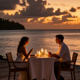 Caribbean Holidays, Trinidad Couples Holidays, Romantic Caribbean dinner for two beside the sea in Trinidad and Tobago, candlelit table and warm evening light