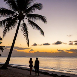 Caribbean Holidays, Trinidad Couples Holidays, Romantic couple walking along Pigeon Point beach in Tobago at sunset, palm trees, calm sea and colourful sky