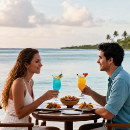 Caribbean Holidays, Trinidad Couples Holidays, Romantic dinner for two at a waterside restaurant in Tobago, with Caribbean dishes and tropical drinks