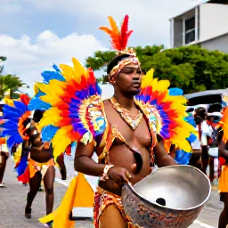 Caribbean Holidays, Trinidad Culture Holidays, Colourful Trinidad Carnival parade with feathered costumes, steelpan musicians and dancing crowds in Port of Spain