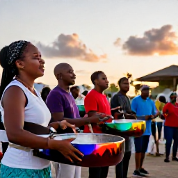 Caribbean Holidays, Trinidad Culture Holidays, Trinidad steel pan musicians performing outdoors at sunset, with colourful instruments and an enthusiastic local audience