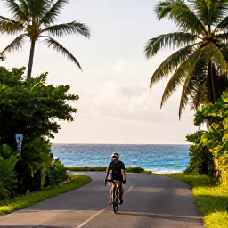 Caribbean Holidays, Trinidad Cycling Holidays, Cyclist riding along a quiet coastal road in Trinidad with tropical greenery, blue sea and warm morning light