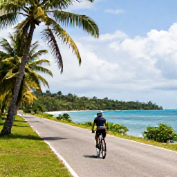 Caribbean Holidays, Trinidad Cycling Holidays, Cyclist travelling along a quiet coastal road in Trinidad with palm trees, blue sea and tropical countryside