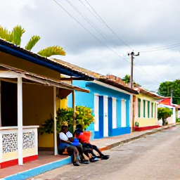 Caribbean Holidays, Trinidad Cycling Holidays, Cyclists resting beside a colourful Trinidad village street with local food stall, tropical plants and friendly atmosphere