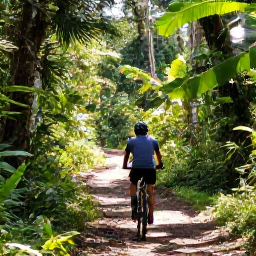 Caribbean Holidays, Trinidad Cycling Holidays, Mountain biker on a shaded trail in the Northern Range rainforest of Trinidad, surrounded by dense tropical plants