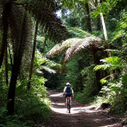 Caribbean Holidays, Trinidad Cycling Holidays, Mountain biker on a shaded trail through Trinidad rainforest with tall trees, ferns and filtered sunlight
