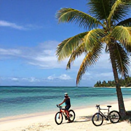 Caribbean Holidays, Trinidad Cycling Holidays, Relaxed cyclist beside a quiet beach in Tobago with turquoise water, palm trees and a bicycle resting nearby