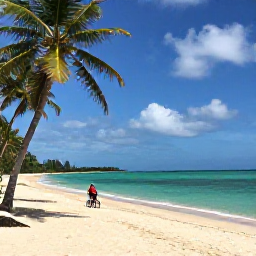 Caribbean Holidays, Trinidad Cycling Holidays, Relaxed cyclist enjoying a golden beach in Tobago, turquoise water, palm trees and peaceful Caribbean island setting