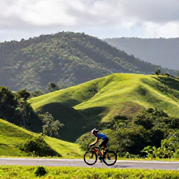 Caribbean Holidays, Trinidad Cycling Holidays, Road cyclist riding through lush tropical hills in Trinidad, Caribbean sunlight and dramatic green scenery