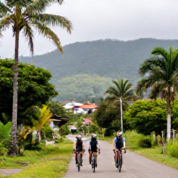 Caribbean Holidays, Trinidad Cycling Holidays, Road cyclists passing through lush Trinidad countryside with palm trees, distant mountains and a small village