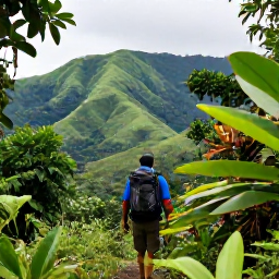 Caribbean Holidays, Trinidad December, A backpacker hiking through lush rainforest in the Northern Range of Trinidad, with dramatic green hills and tropical foliage